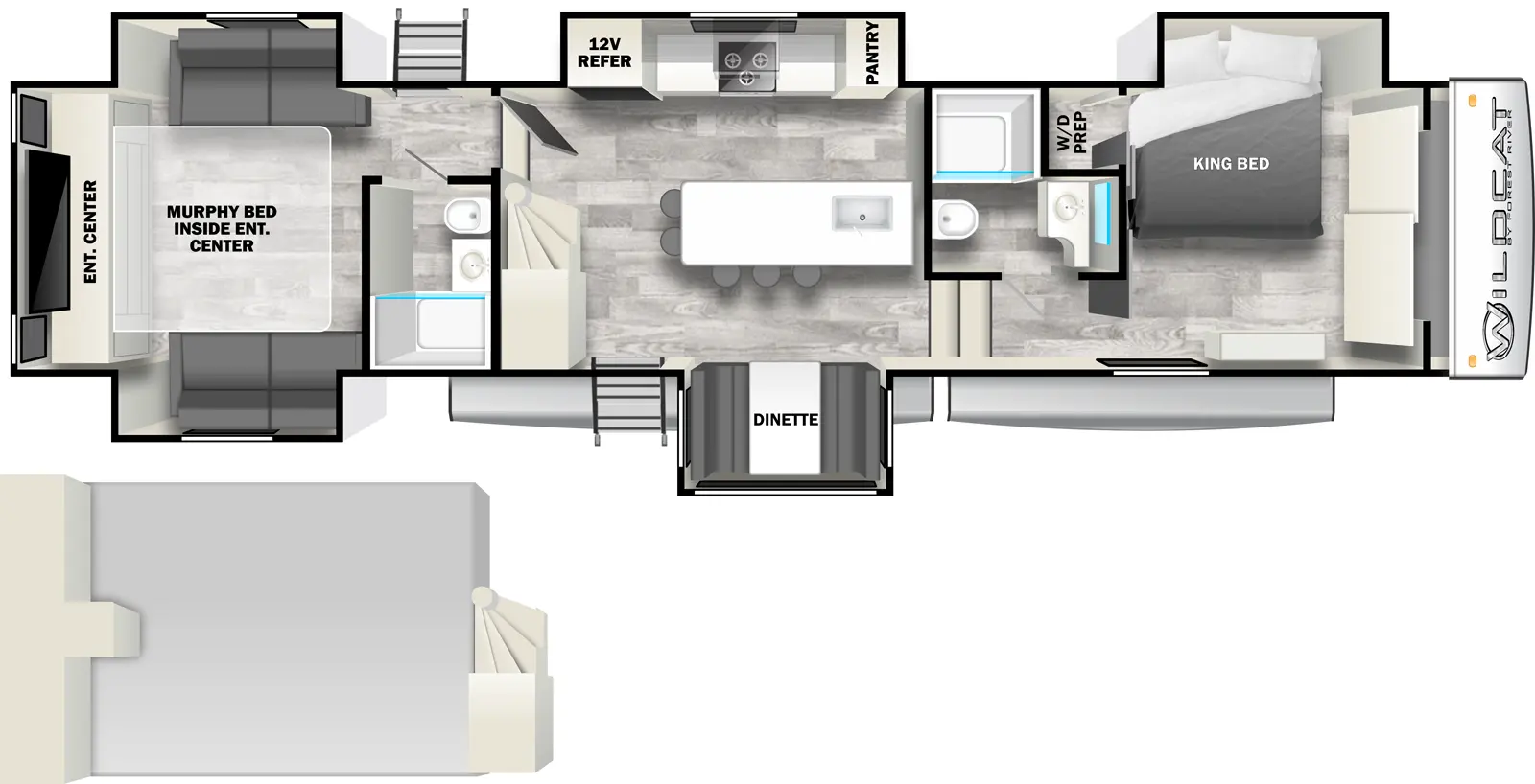The 38BET has five slideouts and two entries. Interior layout front to back: off-door side king bed slideout, and closet with washer/dryer prep; off-door side full bathroom; steps down to main living area; mid kitchen counter with sink, and 4 barstools; off-door side slideout with pantry, cooktop, and 12V refrigerator; door side slideout with l-shape dinette, and entry; stairs to loft area; steps up to rear with door side full bathroom, off-door side second entry; opposing slideouts with seating, and rear entertainment center with murphy bed inside.